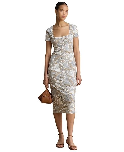 Lauren Ralph Women's Slim-Fit Square Neck Short-Sleeve Midi Dress