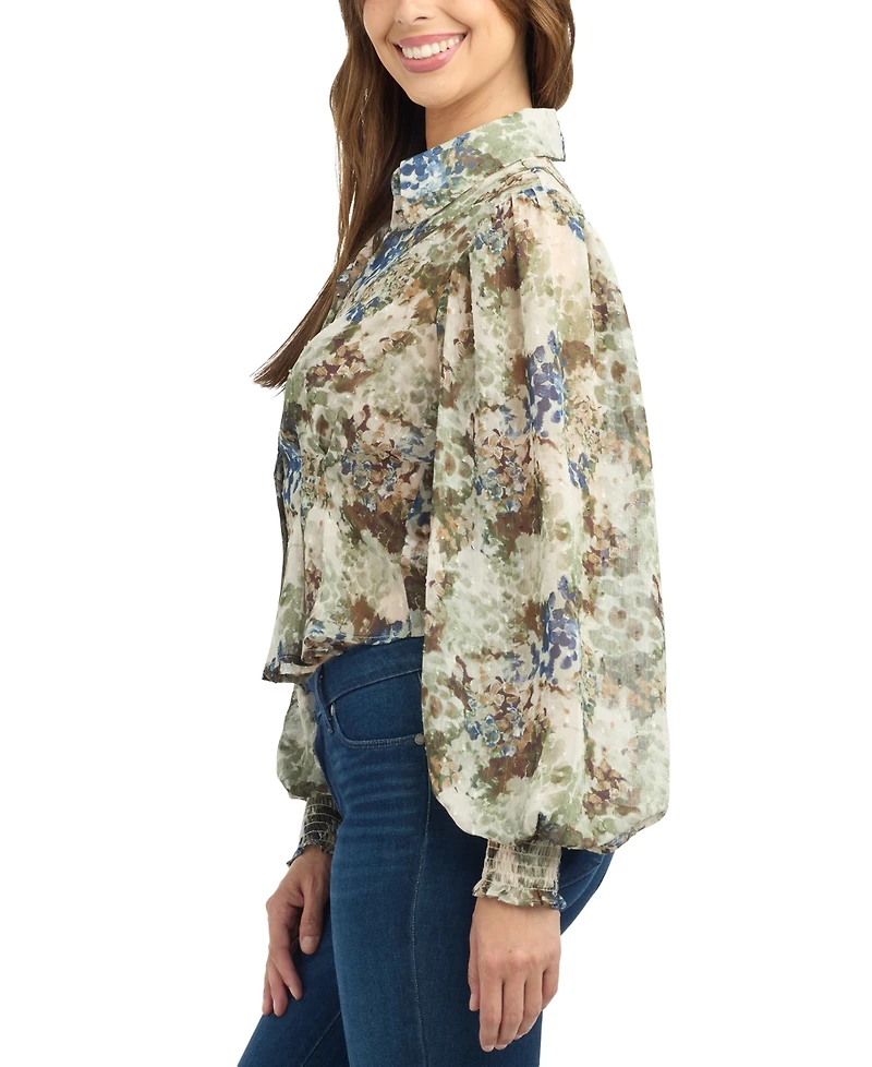 Bcx Women's Floral-Print Sheer Long-Sleeve Blouse