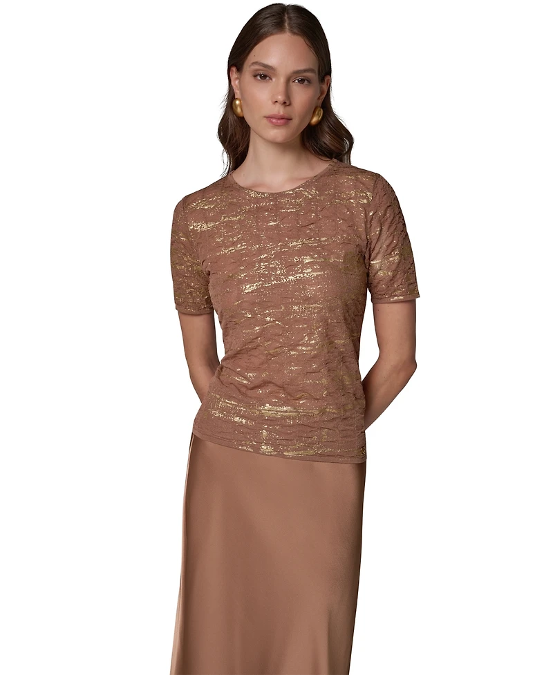 Donna Karan New York Women's DK913 Metallic Crewneck Short-Sleeve Sweater