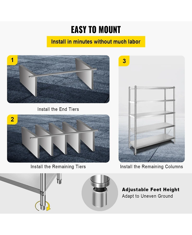 Sugift 5-Tier Stainless Steel Shelving Unit 47.5 x 18 x 72 Inch with 330 Pound Capacity Per Shelf