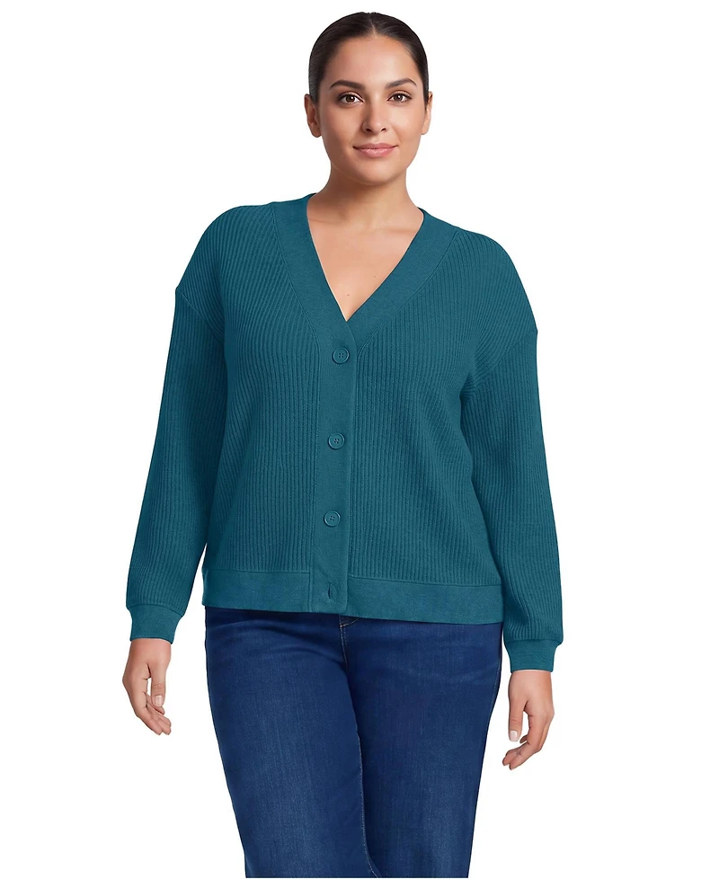 Lands' End Plus Long Sleeve Waffle V-neck Cardigan