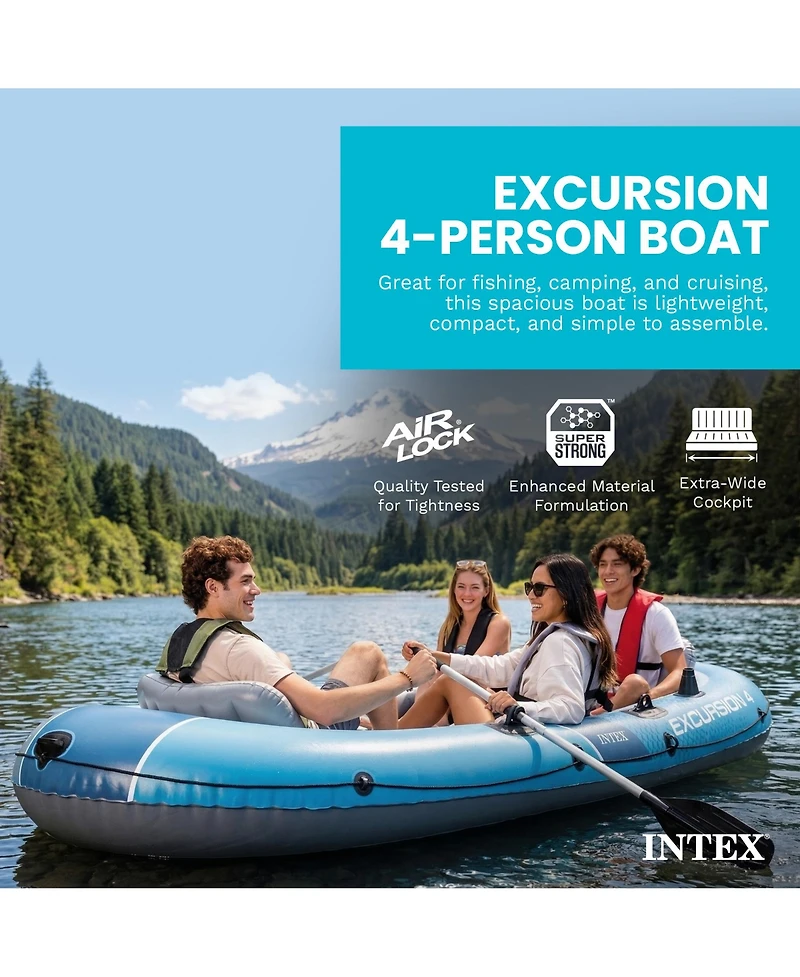 Intex 66324EP Excursion 4 Inflatable Boat Set with 54" Oars, Pump, and Rod Holders