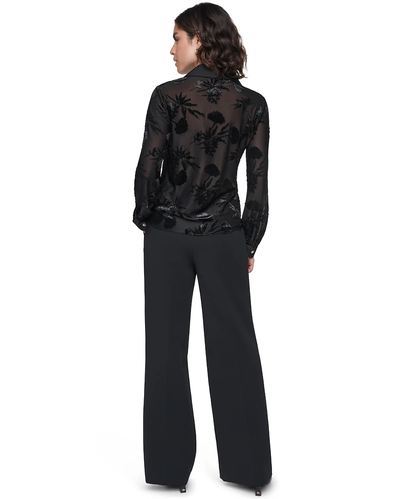 Karl Lagerfeld Paris Women's Long-Sleeve Collared Burnout-Floral Blouse