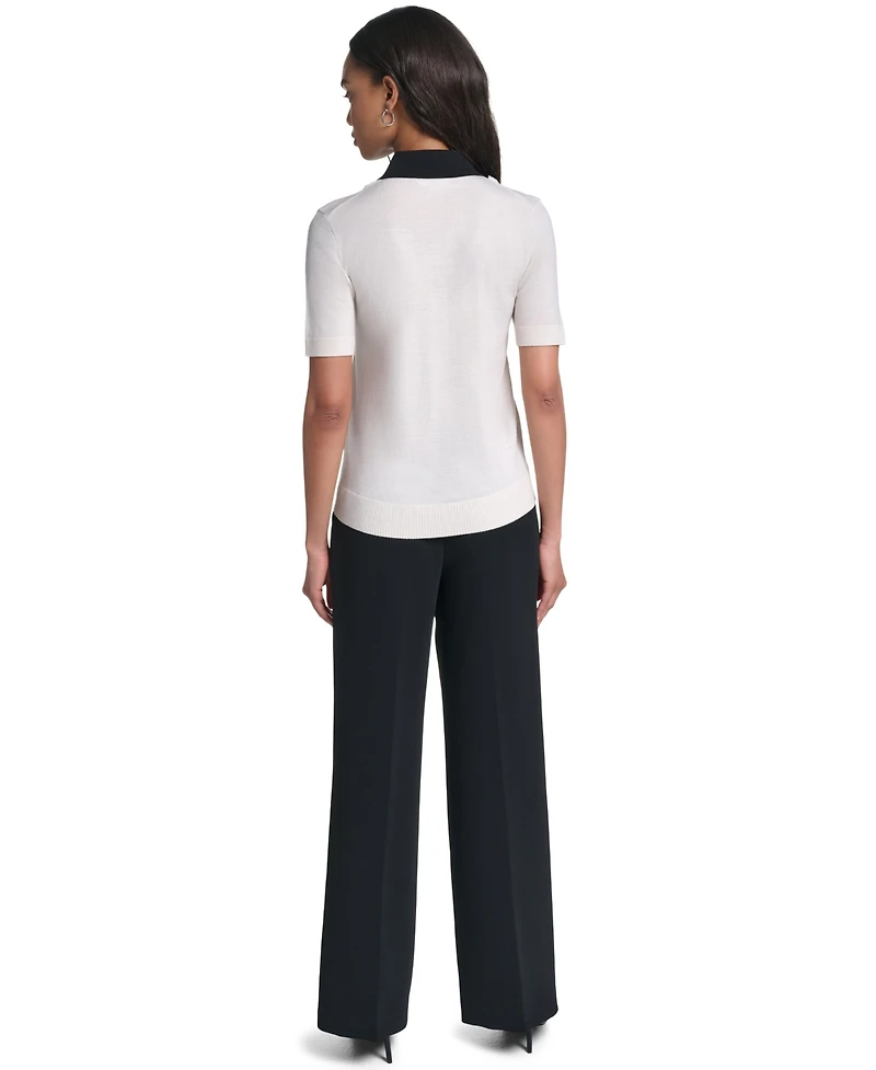 Karl Lagerfeld Paris Women's Merino Wool-Blend Short-Sleeve V-Neck Sweater