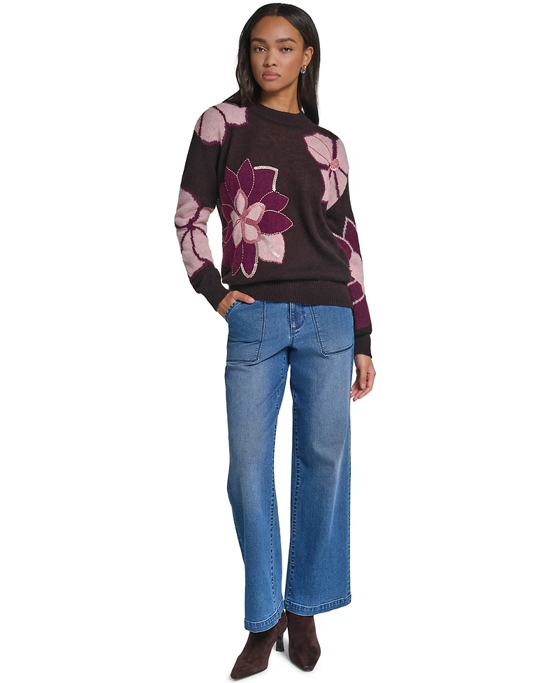 Karl Lagerfeld Paris Women's Big Flowers Floral-Print Sequin Embellished Sweater
