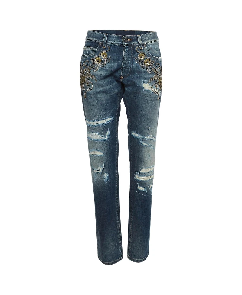 Pre-Owned Dolce & Gabbana Women's Ripped Denim Crystal Embellished Jeans