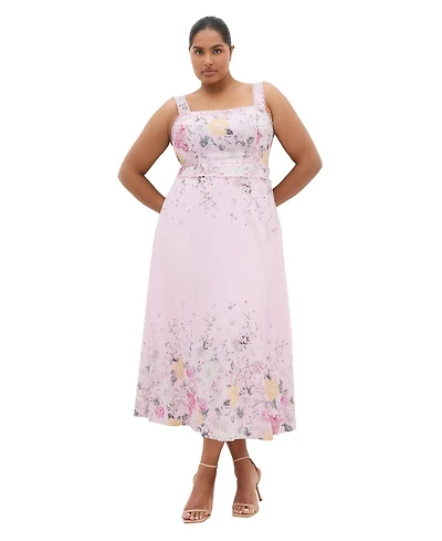 City Chic Plus Chelsea Floral-Print Scallop-Trim Square Neck Maxi Dress
