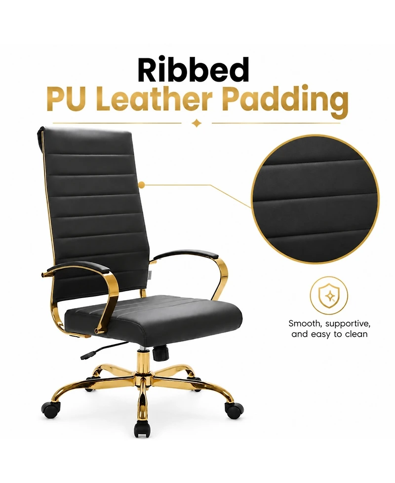 LeisureMod Set of 4 Benmar High-Back Leather Upholstered Swivel Executive Office Chair with Gold Accents, Adjustable, and Tilt