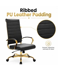 LeisureMod Set of 4 Benmar High-Back Leather Upholstered Swivel Executive Office Chair with Gold Accents, Adjustable, and Tilt