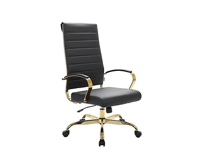 LeisureMod 30 Pcs Benmar Modern High-Back Leather Executive Office Desk Chair with Padded Armrests and Gold Steel Frame