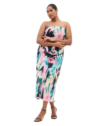 City Chic Plus Amari Satin Rippled-Print Strapless Slip Dress