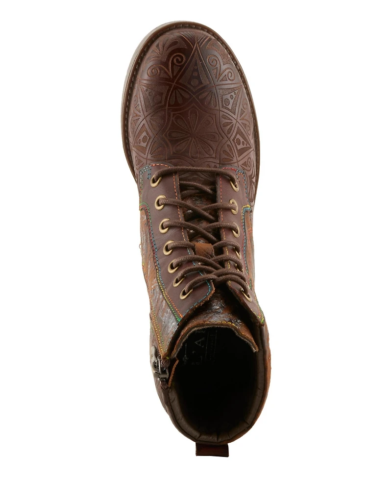L`Artiste Women's Whitefish Lace-up Boots with Embossed Leather and Comfortable Heel
