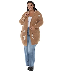 White Mark Plus Hooded Star-Print Sherpa Cardigan