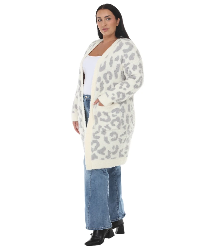 White Mark Plus Leopard-Print Sherpa Open-Front Cardigan