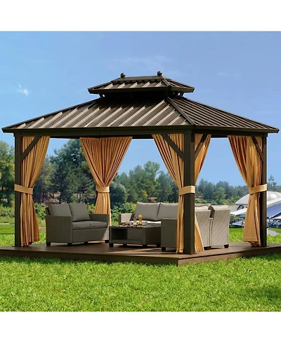 10x12 Ft Double Roof Gazebo, Heavy Duty Steel Frame with Fabric Canopy and Mesh for Patio Backyard Outdoor Gatherings, Khaki/Grey