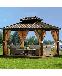 10x12 Ft Double Roof Gazebo, Heavy Duty Steel Frame with Fabric Canopy and Mesh for Patio Backyard Outdoor Gatherings, Khaki/Grey