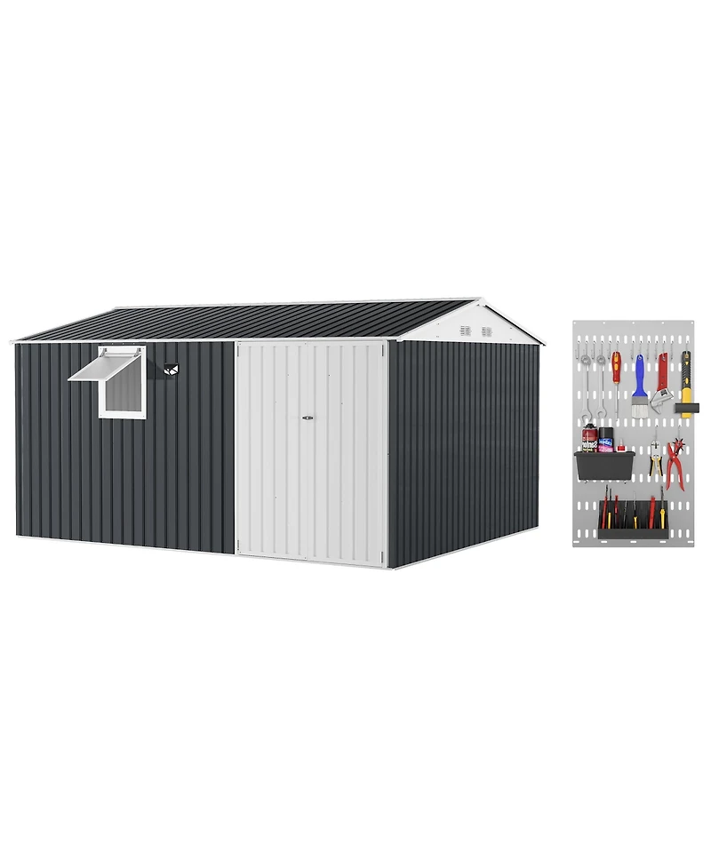 10 x Ft Outdoor Storage Shed with Window, Pegboard and Solar Light, Metal Tool for Garden, Backyard, Patio
