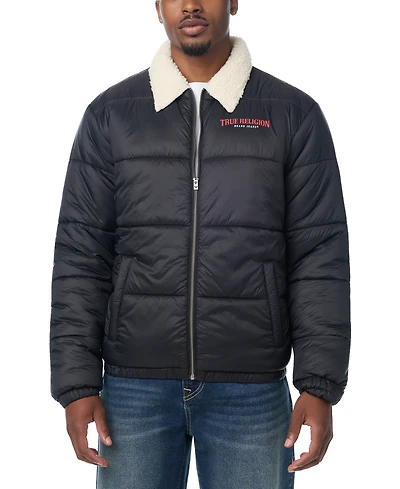 True Religion Men's Sherpa Collar Short Regular-Fit Puffer Jacket