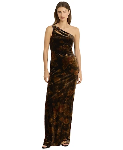 Lauren Ralph Women's One-Shoulder Floral Velvet Gown