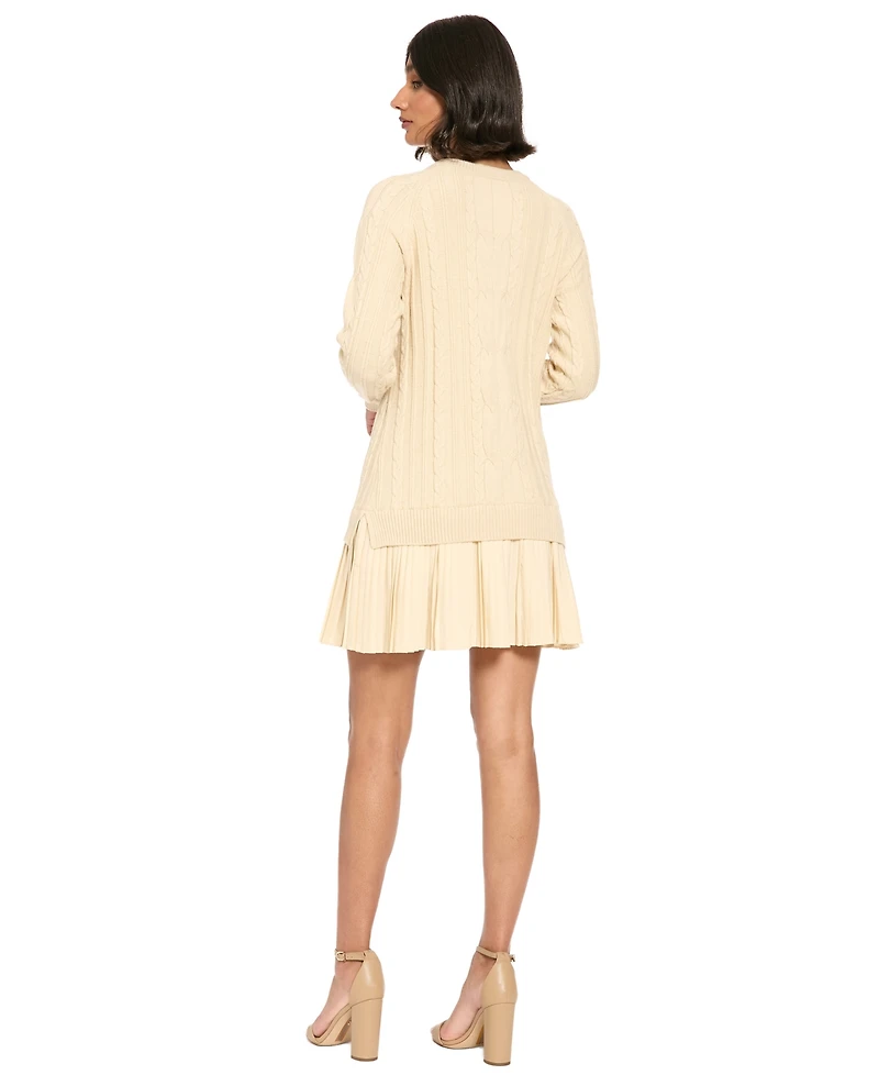 London Times Women's Viscose-Blend Long-Sleeve Pleated Cable-Knit Sweater Dress