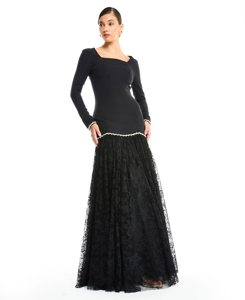 Amri Women's Two-Tone Lace Gown - Long Sleeve Square Neck Drop-Waist Evening Dress