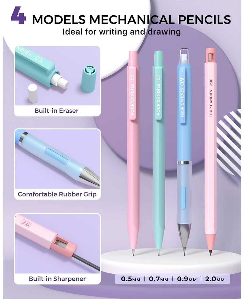Four Candies 36Pieces Aesthetic School Supplies, Mechanical Pencils 0.5/0.7/0.9/2.0mm with 624 Lead Refills