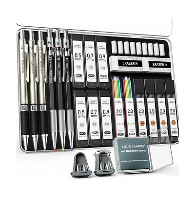 Four Candies 25Pieces Mechanical Pencil Set with Case, 0.5/0.7/0.9mm and 2mm Leads, Technical Drawing Kit for Teens
