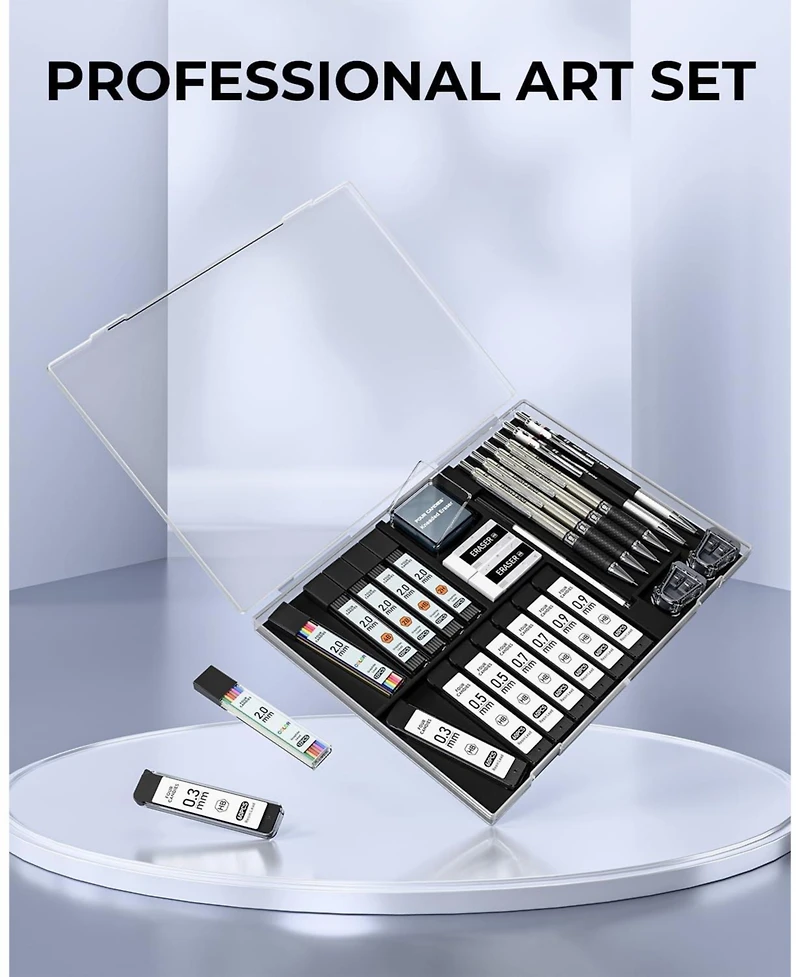 Four Candies 27Pieces Mechanical Pencil Set with Case, 0.3/0.5/0.7/0.9mm and 2mm Leads, Technical Drawing Kit