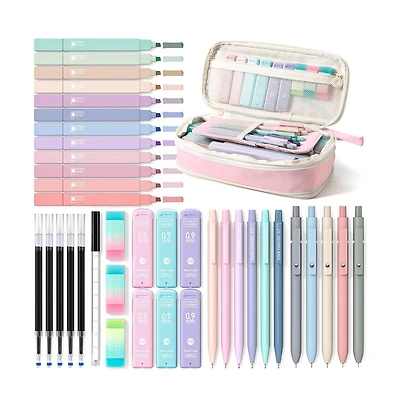 Four Candies 39Pieces Aesthetic Stationery Set w/Case, 12 Highlighters, 5 Gel Pens, 6 Pencils