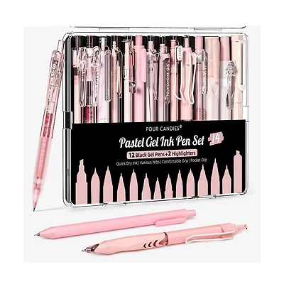 Four Candies Writing Ink Pens with 2Pack Highlighter, Cute Retractable 0.5mm Smooth Writing Pens