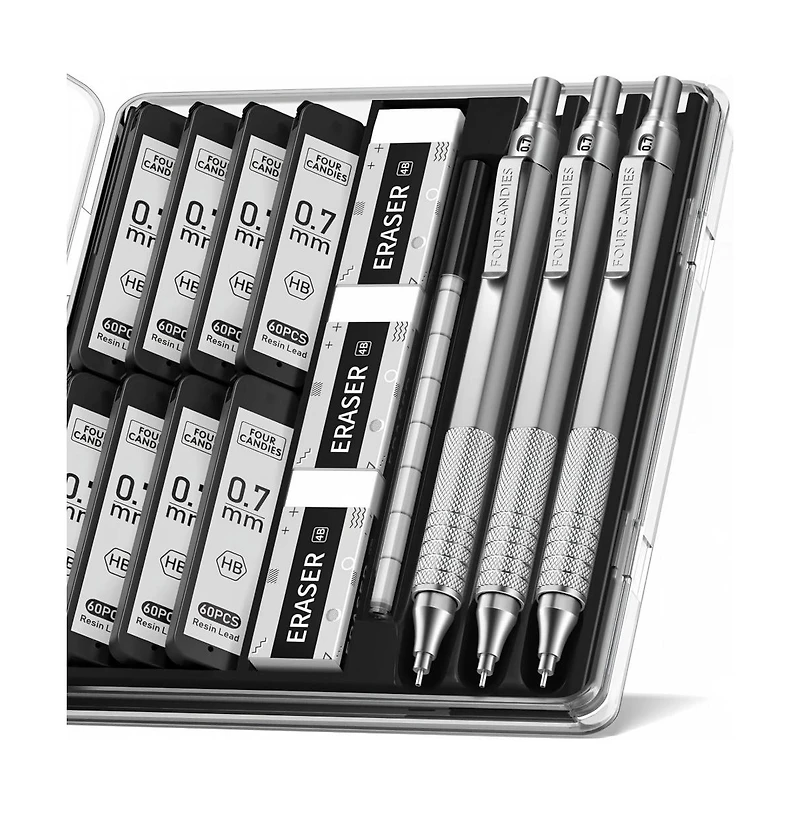 Four Candies 0.7mm Mechanical Pencil Set with Case, 3Pieces Metal with 480 Hb Lead Refills and Erasers