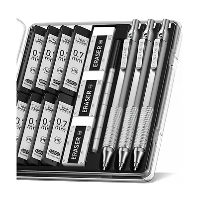 Four Candies 0.7mm Mechanical Pencil Set with Case, 3Pieces Metal with 480 Hb Lead Refills and Erasers
