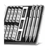 Four Candies 0.7mm Mechanical Pencil Set with Case, 3Pieces Metal with 480 Hb Lead Refills and Erasers