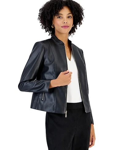 Kasper Petite Moto Fitted Zipper-Pocket Jacket