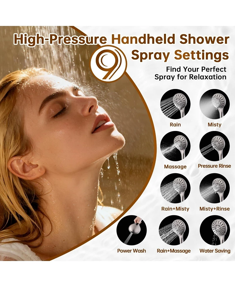 Cyqbd Rain Shower Head Handheld Power Wash Dual Extension Arm 3-way Diverter 9-mode Hose 2.5 Gpm