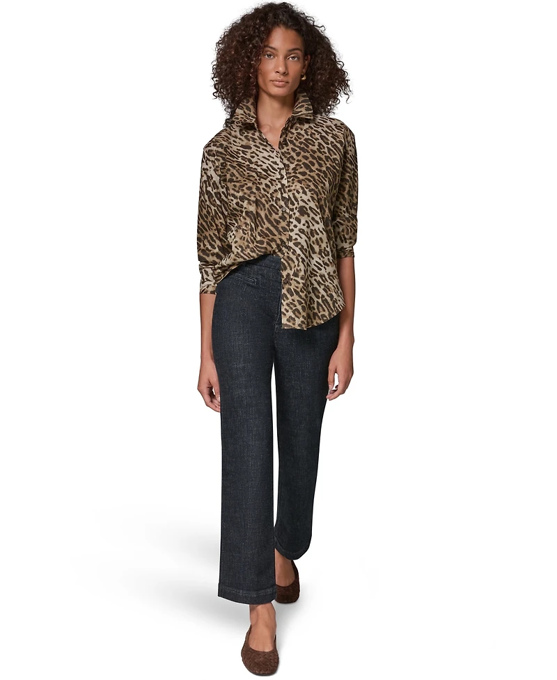 Donna Karan Weekend Women's Leopard-Print Collared Voile Long-Sleeve Blouse