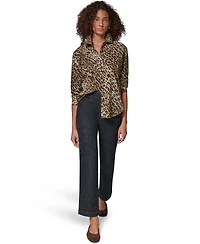 Donna Karan Weekend Women's Leopard-Print Collared Voile Long-Sleeve Blouse