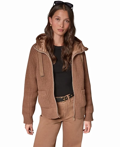 Donna Karan Weekend Women's Wool-Blend Hooded Mixed-Media Chunky Jacket