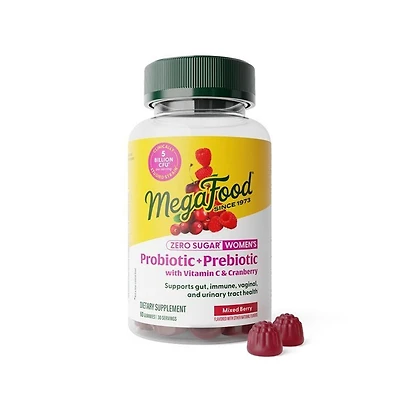 MegaFood Womens Probiotic + Prebiotic Zero Sugar Gummies Vitamin C and Cranberry 60 Mixed Berry Gummies