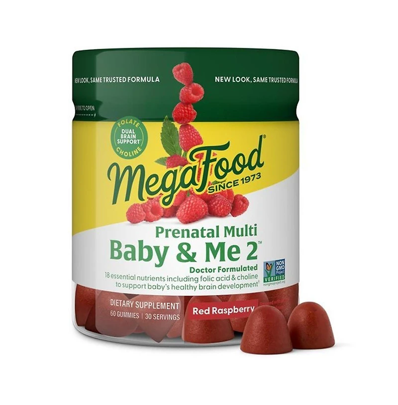 MegaFood Baby and Me 2 Prenatal Gummies Folic Acid and Choline 60 Raspberry Gummies