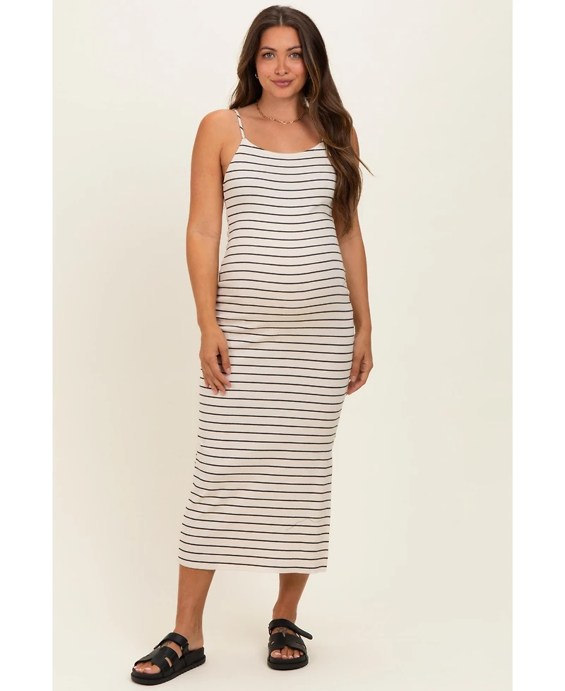 Pinkblush Women's Cream Striped Sleeveless Side Slit Midi Dress