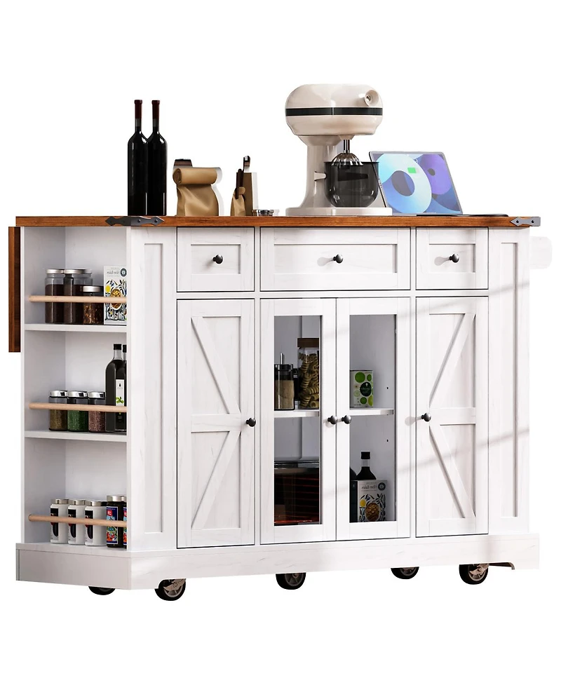 Streamdale Furniture 53" Farmhouse Kitchen Island with Glass Doors, Power Outlet and Drop Leaf