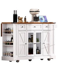 Streamdale Furniture 53" Farmhouse Kitchen Island with Glass Doors, Power Outlet and Drop Leaf