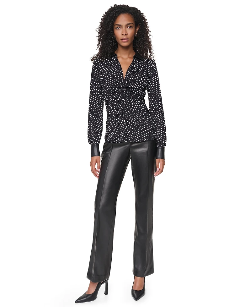 Dkny Women's Long-Sleeve Twist-Front Polka-Dots Blouse