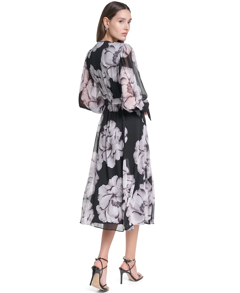 Calvin Klein Women's Floral-Print V-Neck Bishop-Sleeve Midi Dress