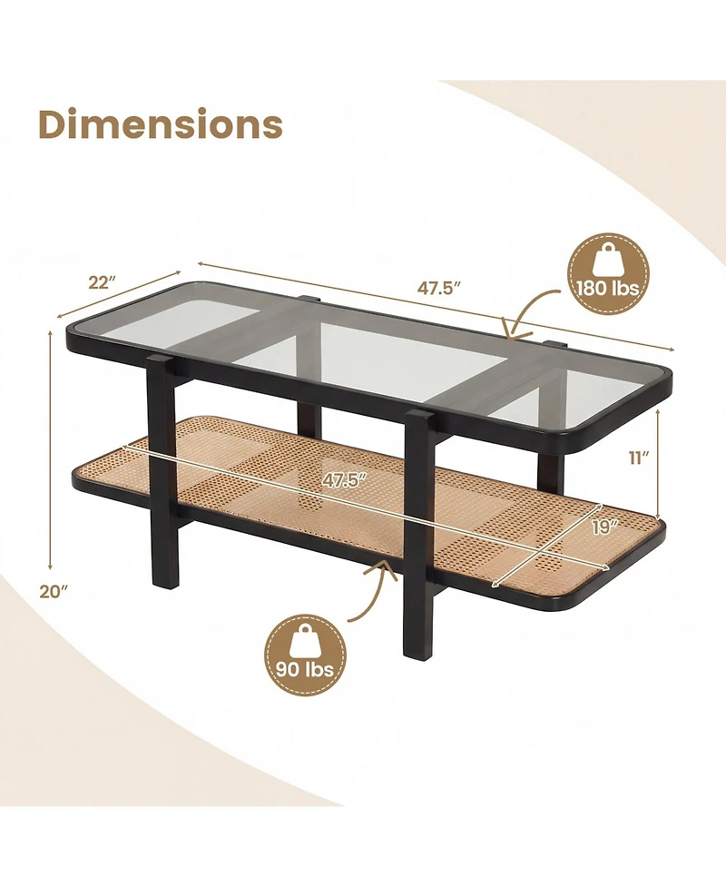 Costway 2-Tier Rustic Coffee Table with Storage Tempered Glass Tabletop Pe Rattan Shelf