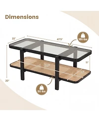 Costway 2-Tier Rustic Coffee Table with Storage Tempered Glass Tabletop Pe Rattan Shelf
