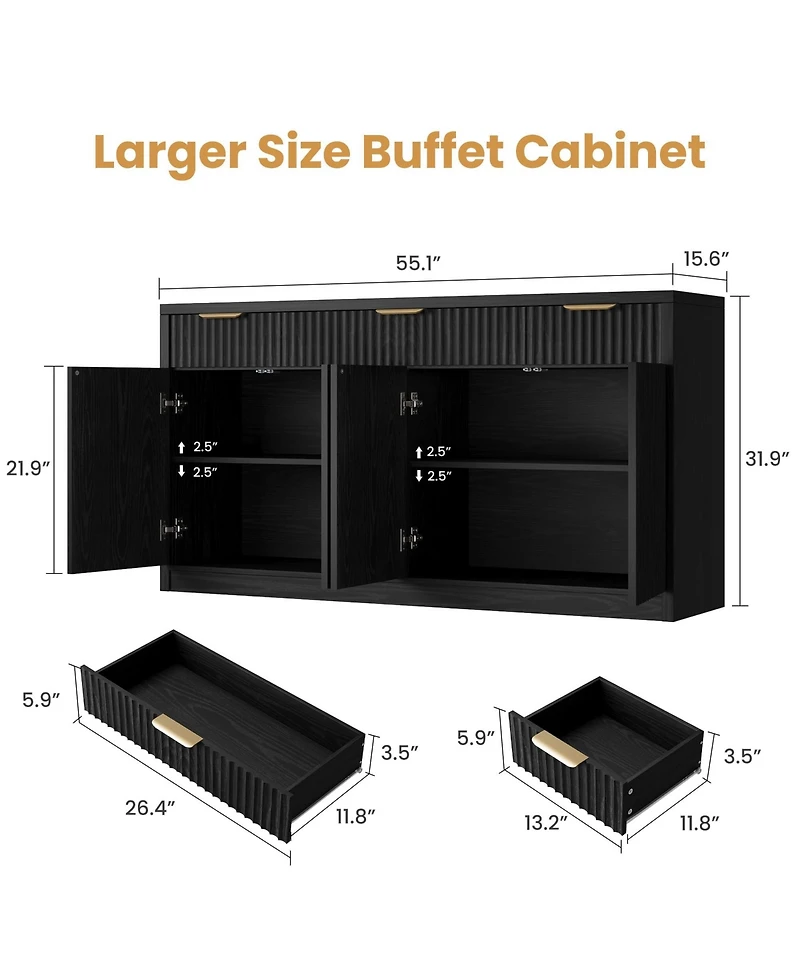 55 Inch Modern Fluted Buffet Sideboard Credenza, Storage Cabinet With Doors And Inner Shelves For Kitchen, Dining Room Coffee Bar Spaces