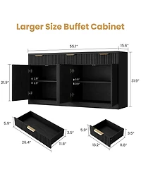 55 Inch Modern Fluted Buffet Sideboard Credenza, Storage Cabinet With Doors And Inner Shelves For Kitchen, Dining Room Coffee Bar Spaces