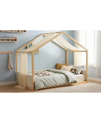 Streamdale Furniture Twin Size Velvet Canopy Bed with Gauze Canopy and Platform Frame